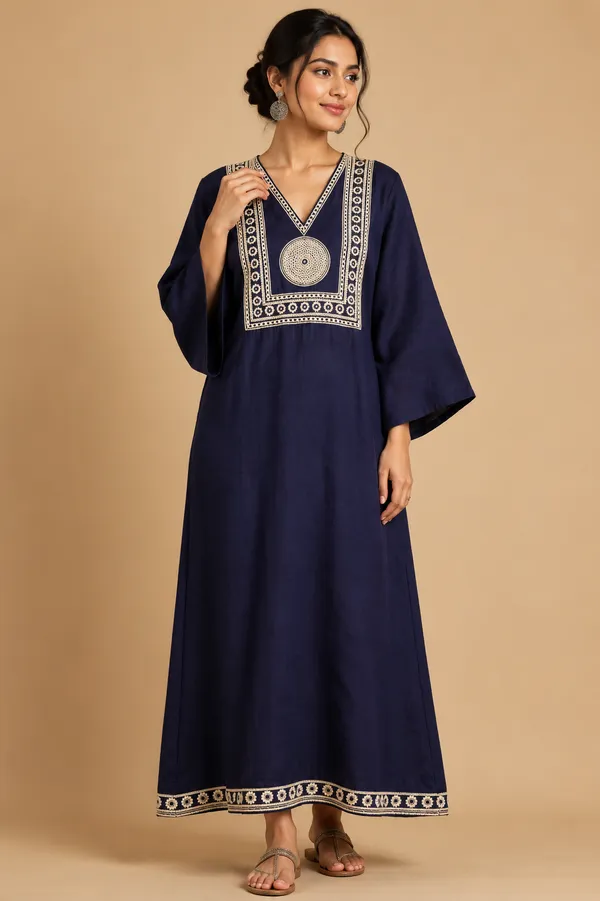 Navy_Blue_Cotton_Rayon_Straight_Embroidered_Kurta_For_Women