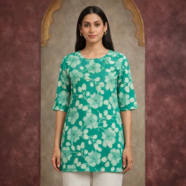 Green_Cotton_Floral_Print_Square_Neck_Short_Kurti_For_Women