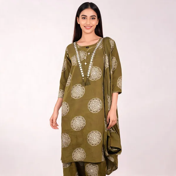 Olive_Green_Cotton_Printed_Mirror_Work_Kurta_Set_For_Women