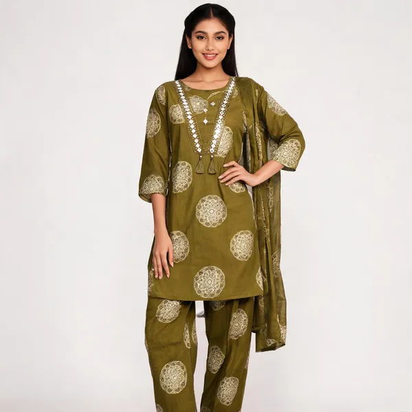 Olive_Green_Cotton_Printed_Mirror_Work_Kurta_Set_For_Women
