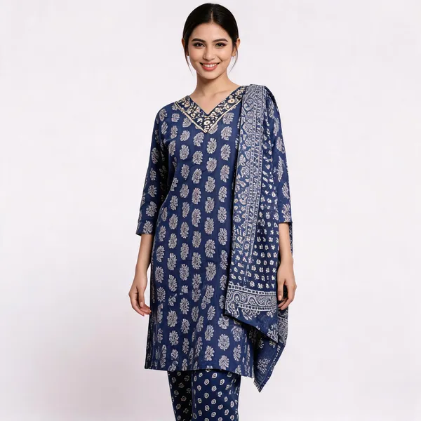 Navy_Blue_Cotton_Block_Print_Straight_Kurta_Set_For_Women