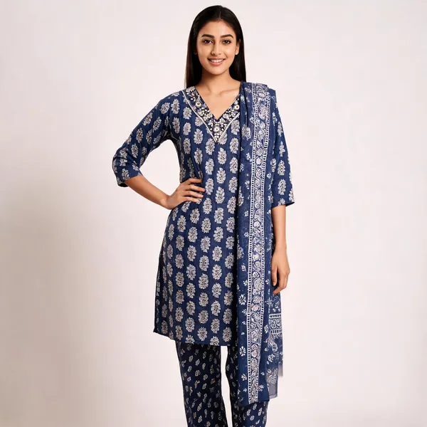 Navy_Blue_Cotton_Block_Print_Straight_Kurta_Set_For_Women