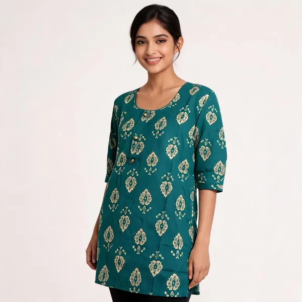 Teal_Rayon_Paisley_Print_Three_Quarter_Sleeve_Kurta_For_Women