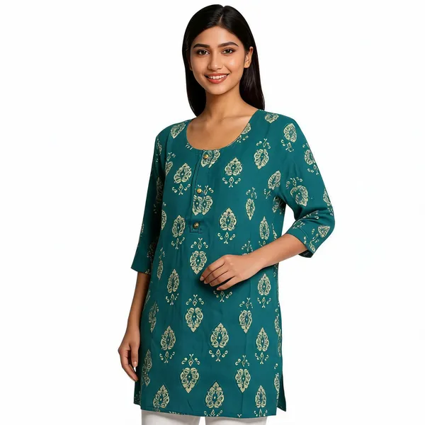 Teal_Rayon_Paisley_Print_Three_Quarter_Sleeve_Kurta_For_Women