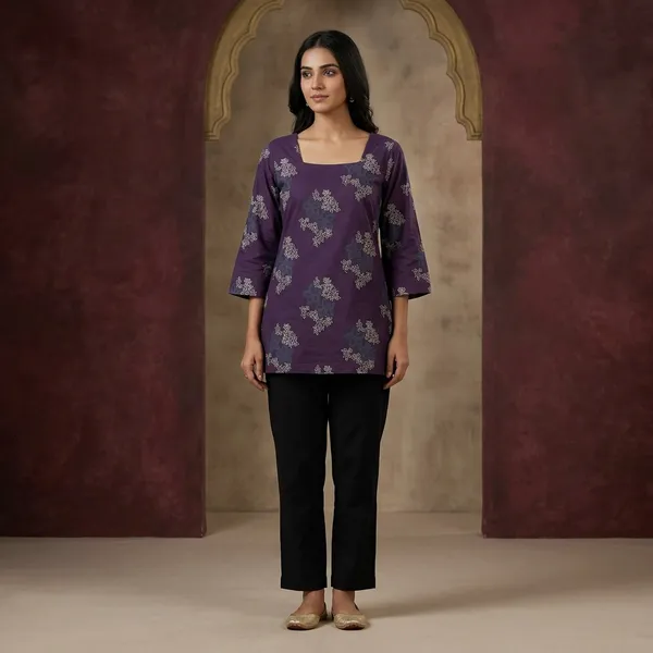Purple_Rayon_Floral_Print_Square_Neck_Short_Kurti_For_Women