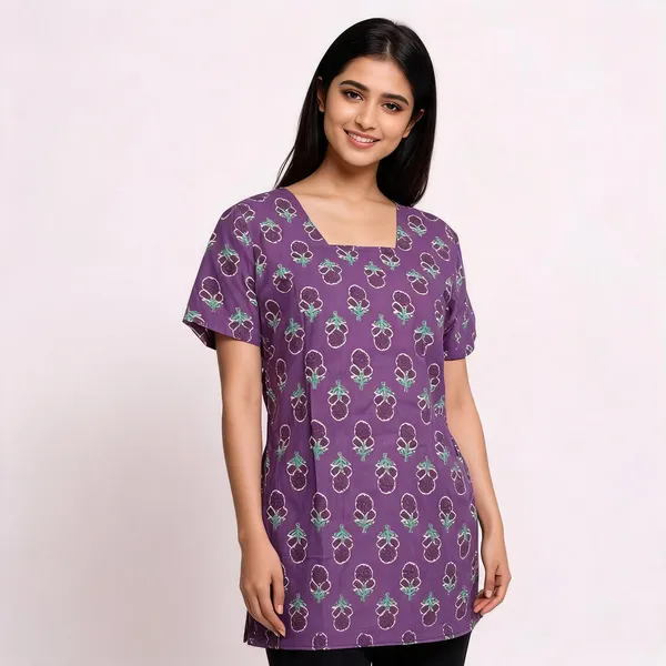 Purple_Cotton_Floral_Print_Square_Neck_Short_Kurti_For_Women