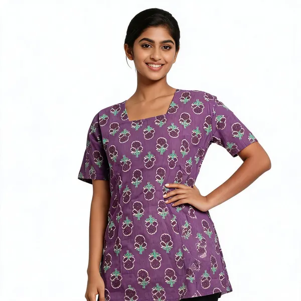 Purple_Cotton_Floral_Print_Square_Neck_Short_Kurti_For_Women
