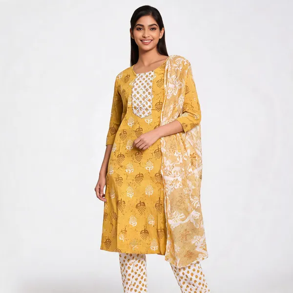 Mustard_Yellow_Cotton_Printed_Kurta_Set_For_Women