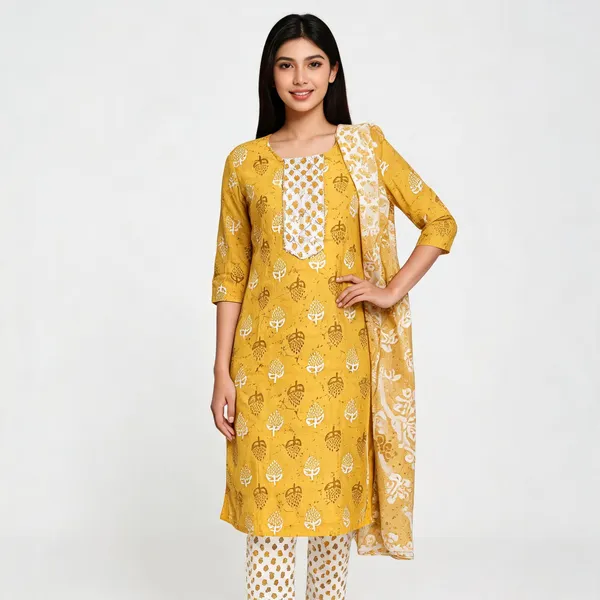 Mustard_Yellow_Cotton_Printed_Kurta_Set_For_Women