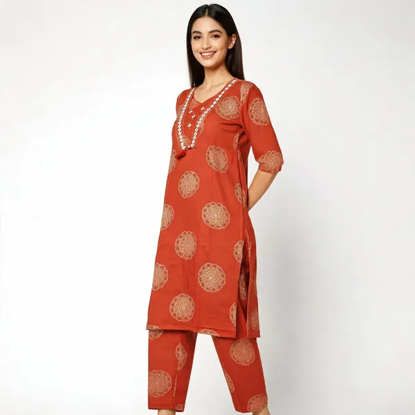 Rust_Cotton_Mandala_Print_Kurta_Set_For_Women