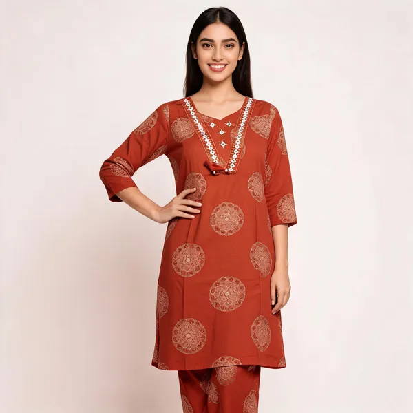 Rust_Cotton_Mandala_Print_Kurta_Set_For_Women