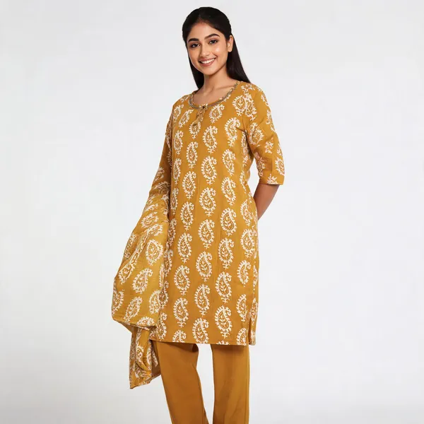 Mustard_Cotton_Paisley_Block_Print_Kurta_Set_For_Women