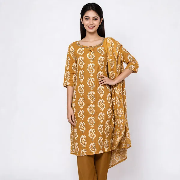 Mustard_Cotton_Paisley_Block_Print_Kurta_Set_For_Women