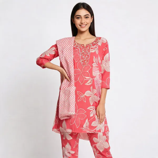 Coral_Pink_Cotton_Floral_Print_Embroidered_Kurta_Set_For_Women