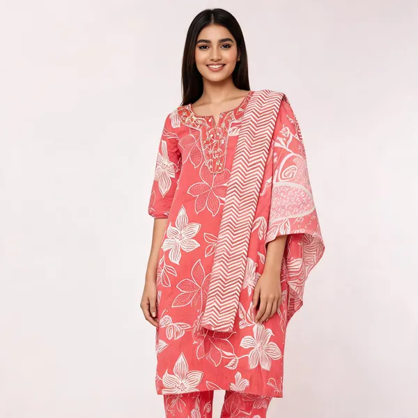 Coral_Pink_Cotton_Floral_Print_Embroidered_Kurta_Set_For_Women