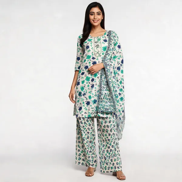White_Cotton_Floral_Print_Border_Detail_Kurta_Set_For_Women