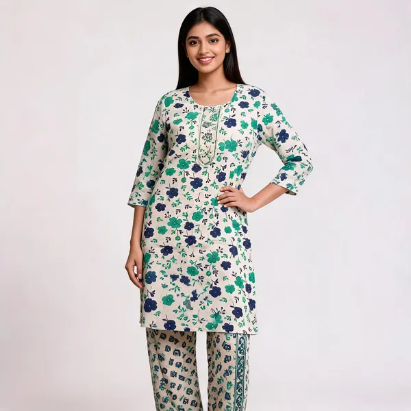 White_Cotton_Floral_Print_Border_Detail_Kurta_Set_For_Women