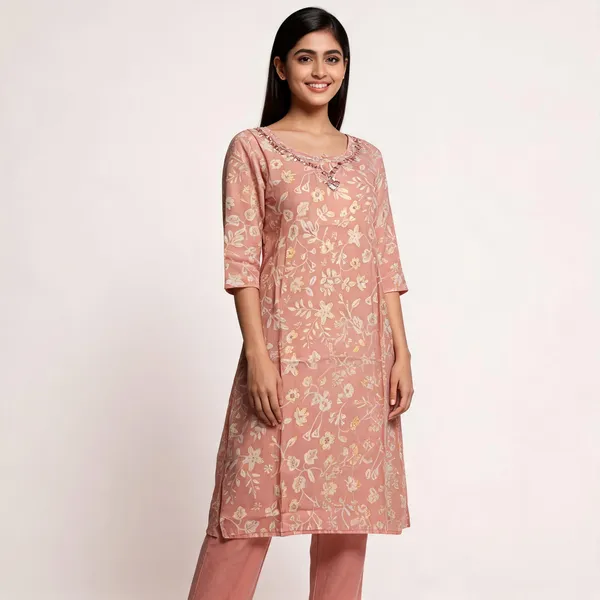 Beige_Chanderi_Silk_Floral_Print_Embroidered_Kurta_Set_For_Women