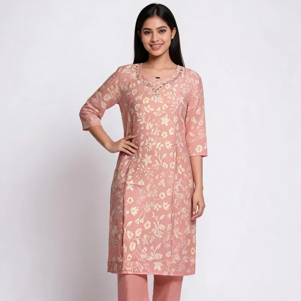 Beige_Chanderi_Silk_Floral_Print_Embroidered_Kurta_Set_For_Women