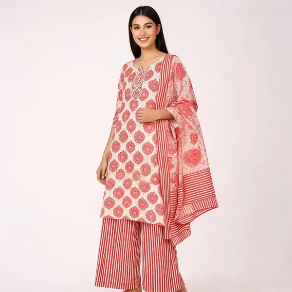 Beige_Cotton_Printed_Kurta_With_Striped_Palazzo_Set_For_Women