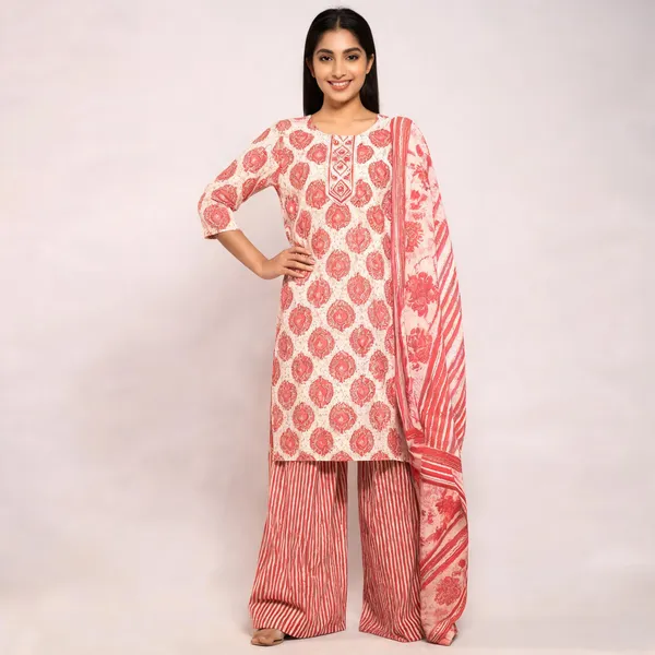 Beige_Cotton_Printed_Kurta_With_Striped_Palazzo_Set_For_Women