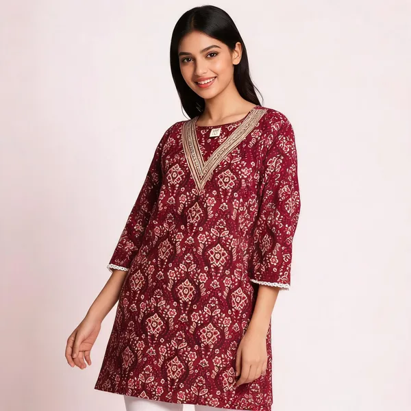 Maroon_Cotton_Floral_Print_V_Neck_Kurta_For_Women