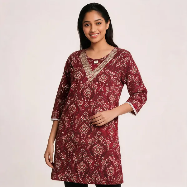 Maroon_Cotton_Floral_Print_V_Neck_Kurta_For_Women