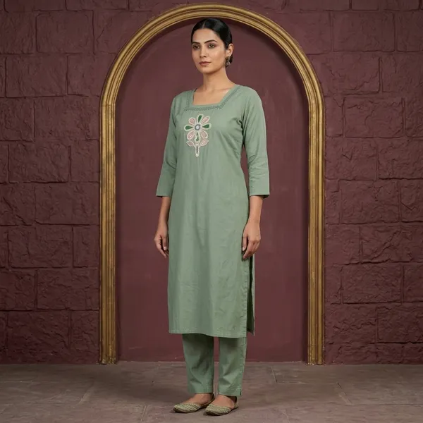Olive_Green_Glaze_Cotton_Floral_Embroidered_Kurta_For_Women