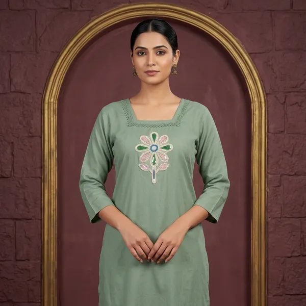 Olive_Green_Glaze_Cotton_Floral_Embroidered_Kurta_For_Women