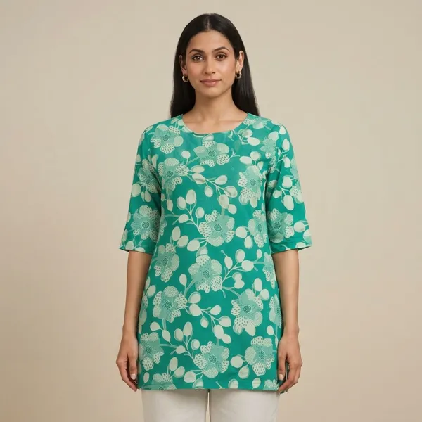 Green_Cotton_Floral_Print_Square_Neck_Short_Kurti_For_Women