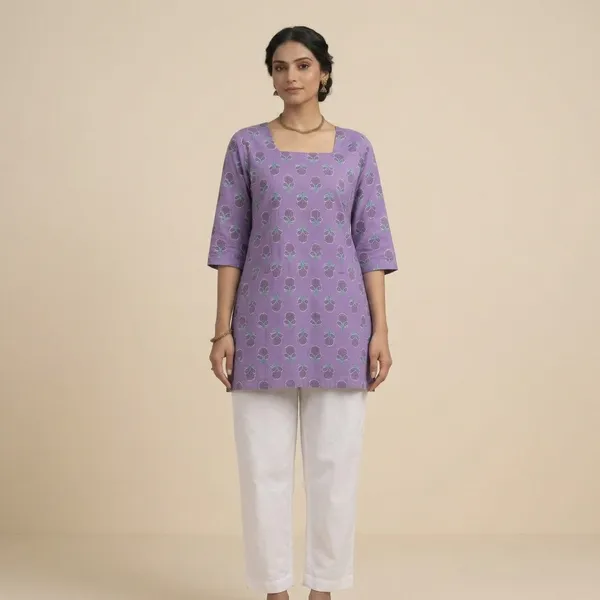 Purple_Cotton_Floral_Print_Square_Neck_Short_Kurti_For_Women