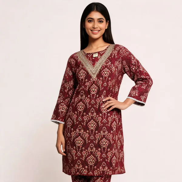 Maroon_Cotton_Floral_Printed_Embroidered_Kurta_For_Women