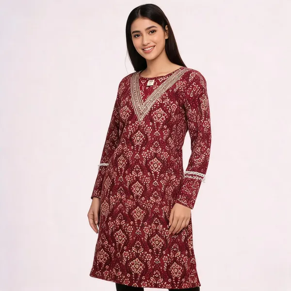 Maroon_Cotton_Floral_Printed_Embroidered_Kurta_For_Women