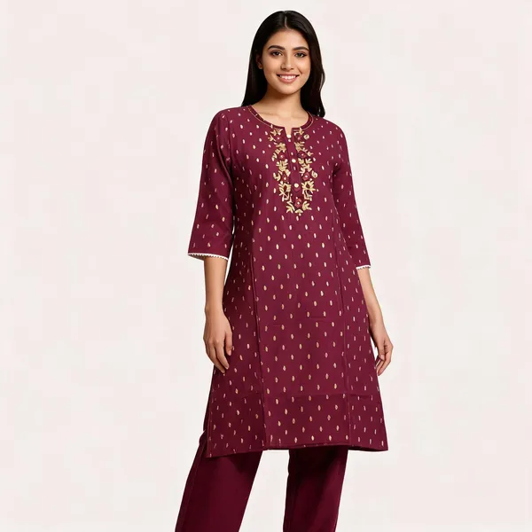 Maroon_Chanderi_Silk_Embroidered_Dot_Print_Kurta_Set_For_Women