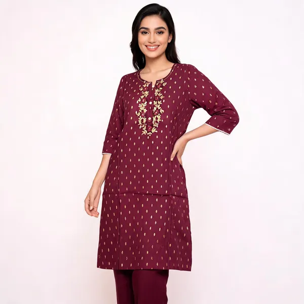 Maroon_Chanderi_Silk_Embroidered_Dot_Print_Kurta_Set_For_Women