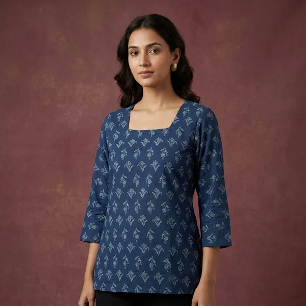 Blue_Cotton_Floral_Print_Sleeveless_Short_Kurti_For_Women