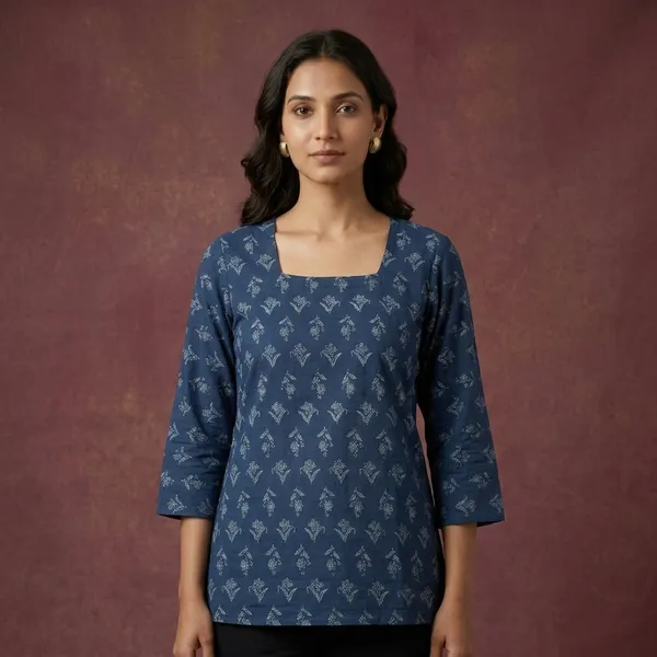 Blue_Cotton_Floral_Print_Sleeveless_Short_Kurti_For_Women