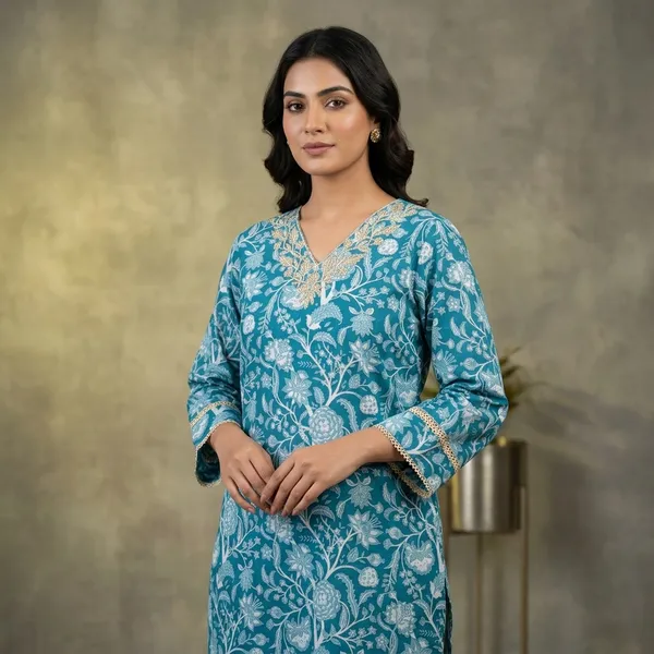 Teal_Cotton_Floral_Print_Embroidered_Kurta_For_Women