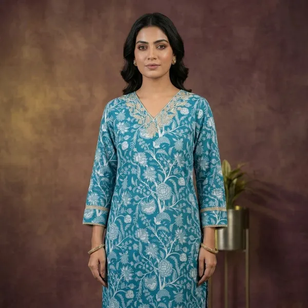 Teal_Cotton_Floral_Print_Embroidered_Kurta_For_Women