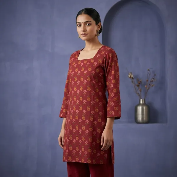 Maroon_Cotton_Floral_Print_Square_Neck_Kurti_For_Women