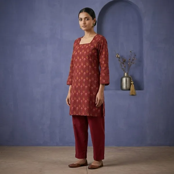Maroon_Cotton_Floral_Print_Square_Neck_Kurti_For_Women