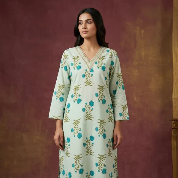 Off_White_Cotton_Floral_Print_V_Neck_Kurta_For_Women