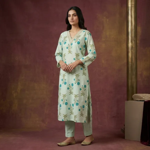 Off_White_Cotton_Floral_Print_V_Neck_Kurta_For_Women