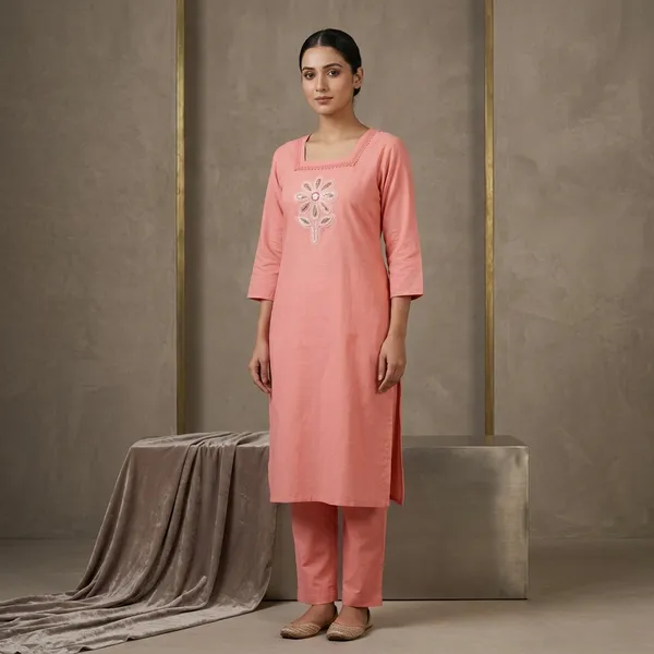 Peach_Glaze_Cotton_Floral_Embroidered_Straight_Kurta_For_Women