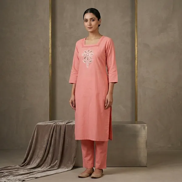 Peach_Glaze_Cotton_Floral_Embroidered_Straight_Kurta_For_Women