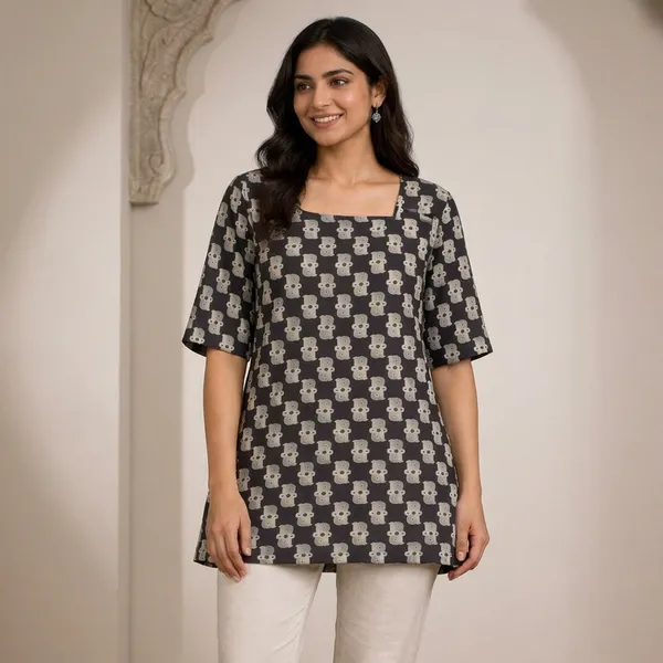 Brown_Cotton_Bear_Print_Three_Quarter_Sleeve_Short_Kurti_For_Women