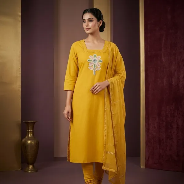 Yellow_Glaze_Cotton_Floral_Embroidered_Square_Neck_Kurta_For_Women