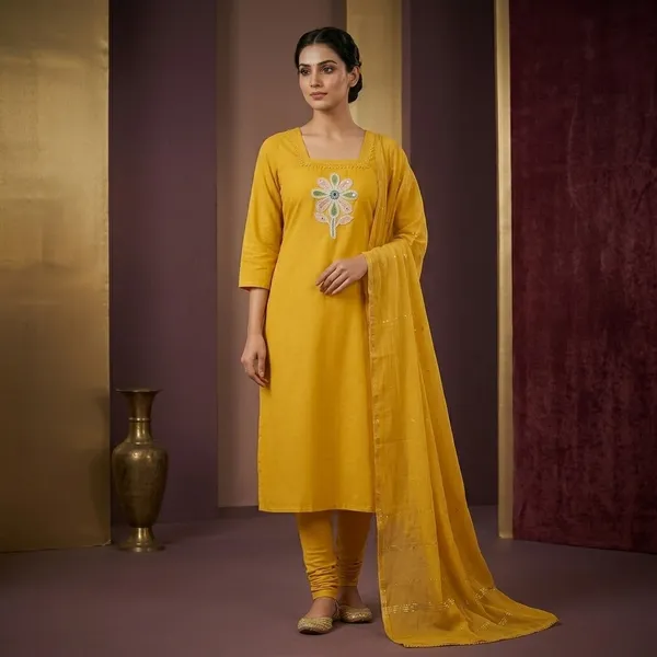 Yellow_Glaze_Cotton_Floral_Embroidered_Square_Neck_Kurta_For_Women