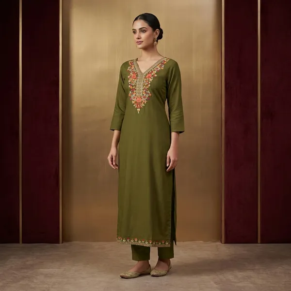Olive_Green_Rayon_Cotton_Floral_Embroidered_V_Neck_Kurta_For_Women