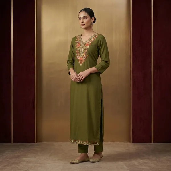 Olive_Green_Rayon_Cotton_Floral_Embroidered_V_Neck_Kurta_For_Women